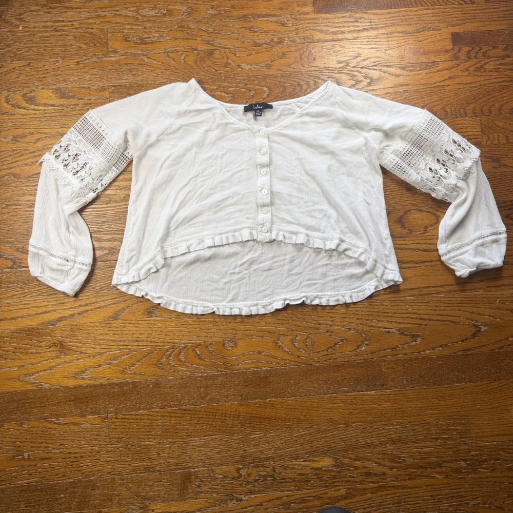 Lulus White Boho Crochet Lace Long Sleeve Button Down‎ Ruffle High Low Blouse M